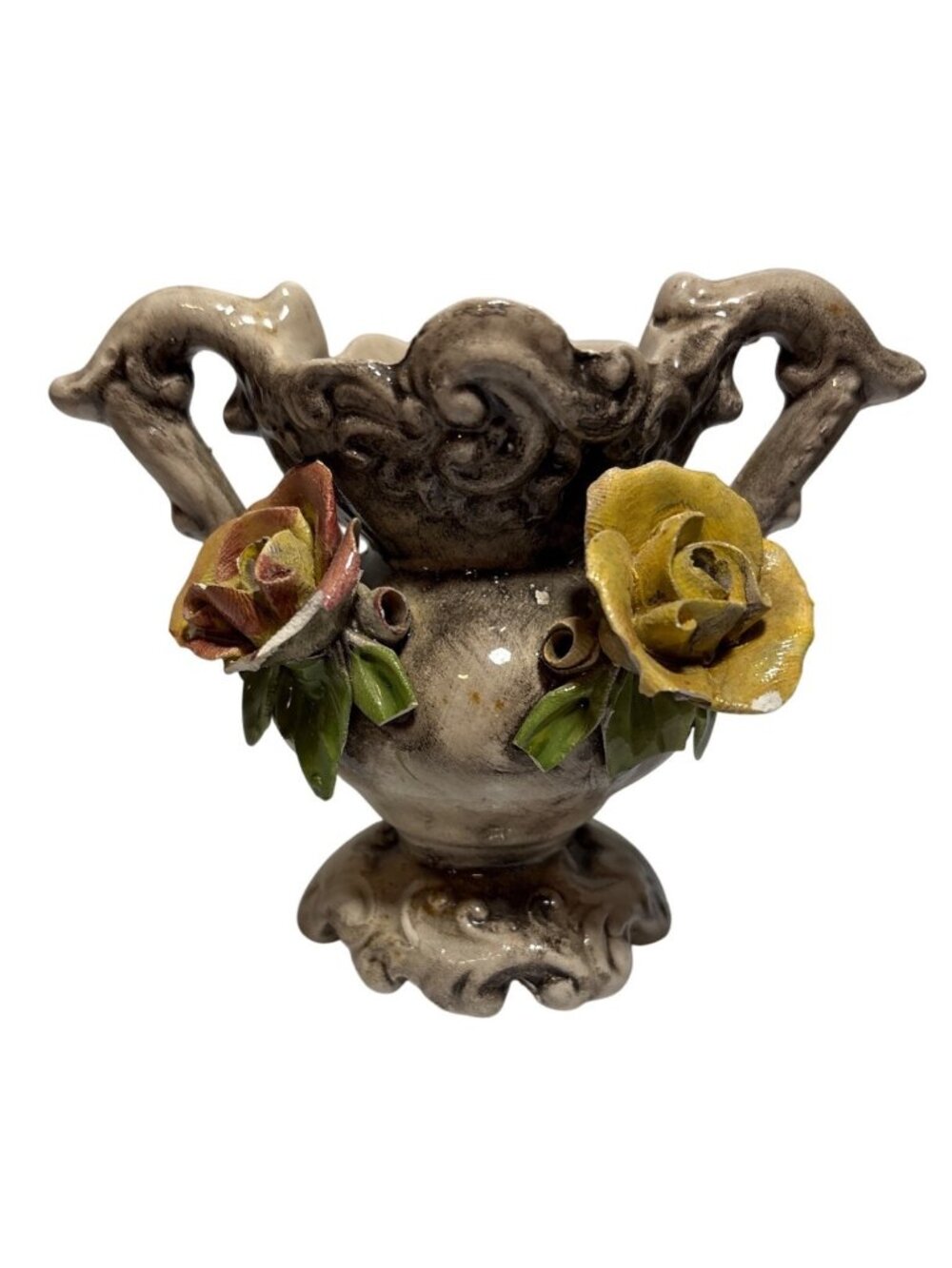 Bassano Vase Italian Ceramic With 3D Rose Accents Vintage 4" READ